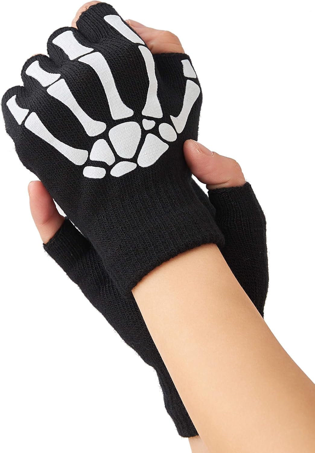 OTPEH Women 2 Pairs Skeleton Gloves Fingerless Touch Screen Winter Warm Hand Skull Gloves For Adult Glow In The Night