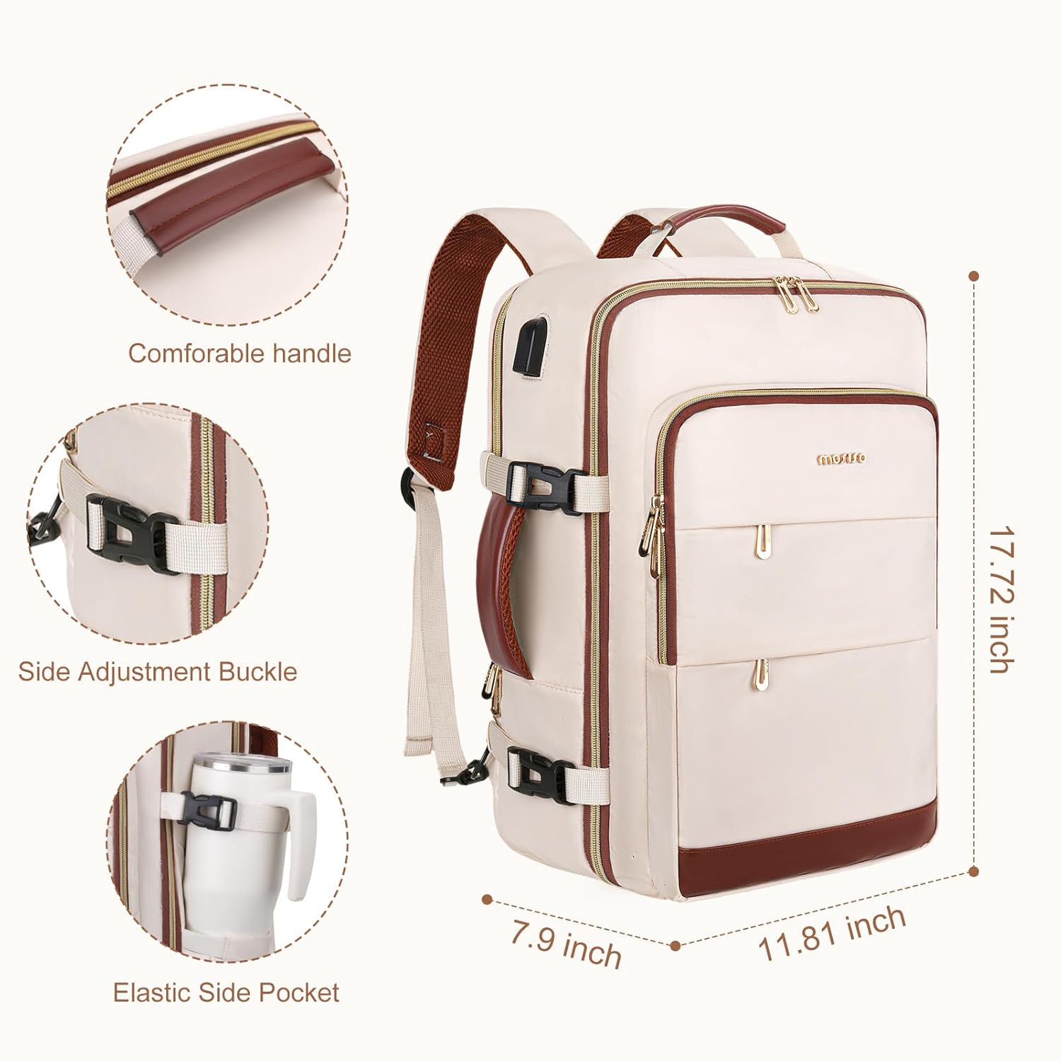 MOSISO 40L Travel Backpack for Women&Men, Flight Approved Carry on Daypack with USB Charging Port&2 Packing Cubes&Shoes Compartment, 17.3 inch Laptop Backpack for Office Work Travel Essentials, Beige - Image 9