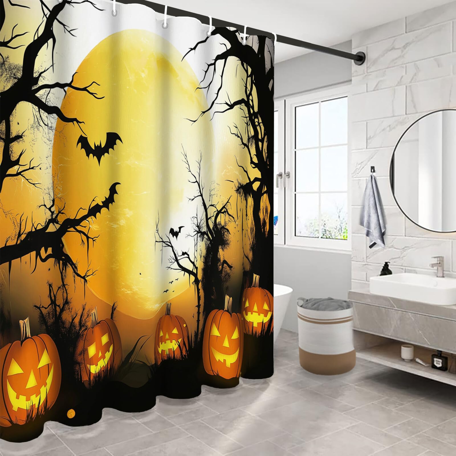Duschvorhang Kürbis Beim Vollmond H240Xb200Cm | Waldlandschaft Halloween Wasserdichter Stoff Maschinenwaschbarer Badezimmervorhang Mit Haken