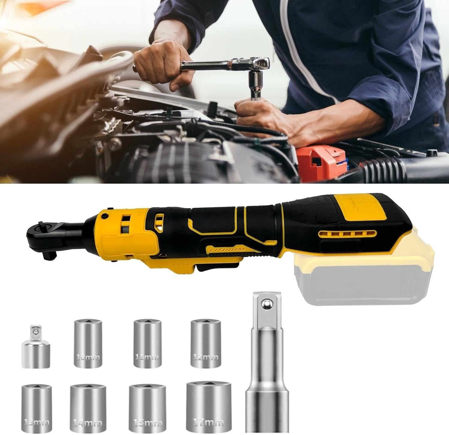 Ratchet Wrenches Set 3/8" Cordless Ratcheting Wrench 3/8" Power Ratcheting Wrench Tool Kits 7x Sockets Extension Rod 1/4" Adapter Variable Speed