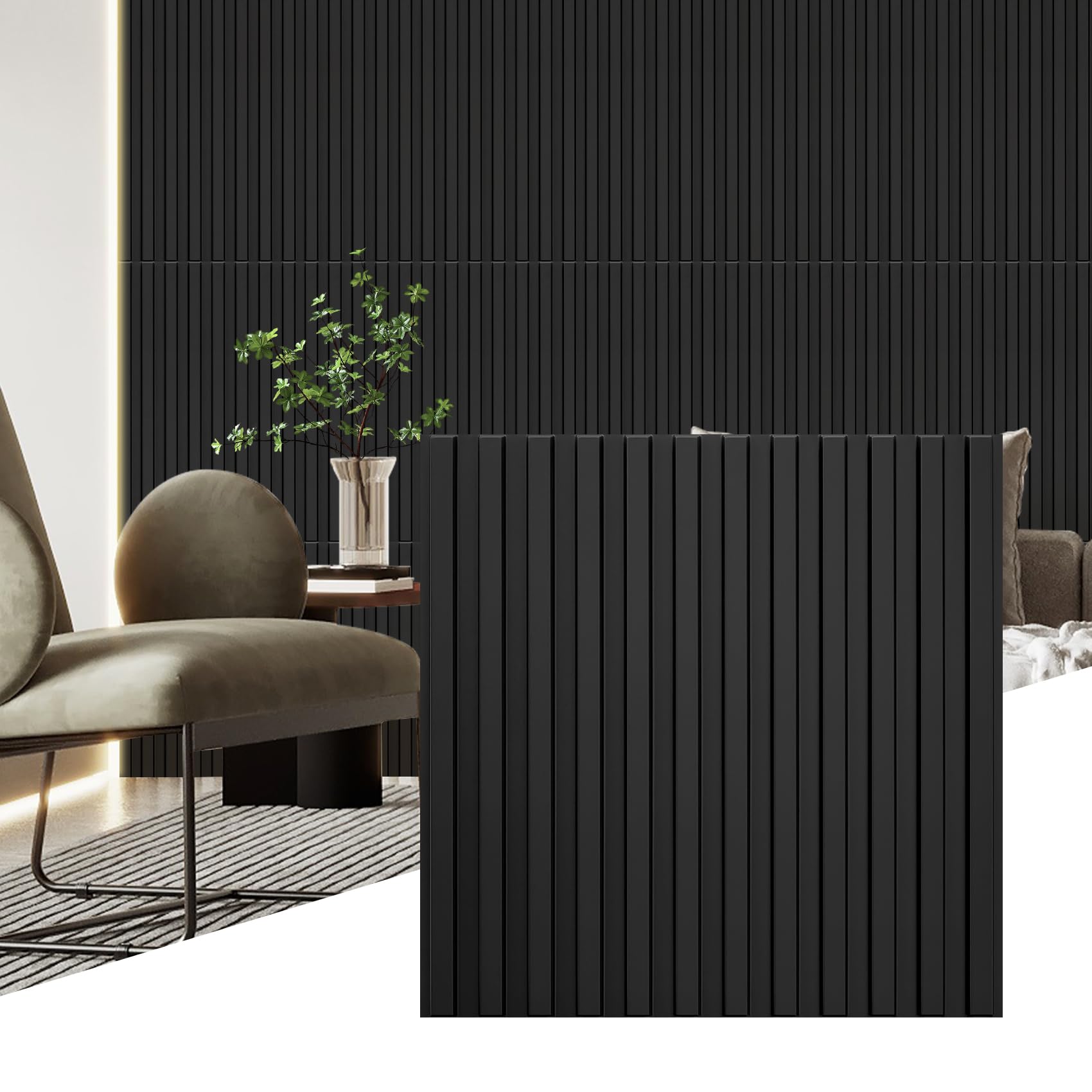 STICKGOO 3D Slat Wall Panels, PVC Fluted Wall Decor, 12 Tiles, Black ClimeCo Certified