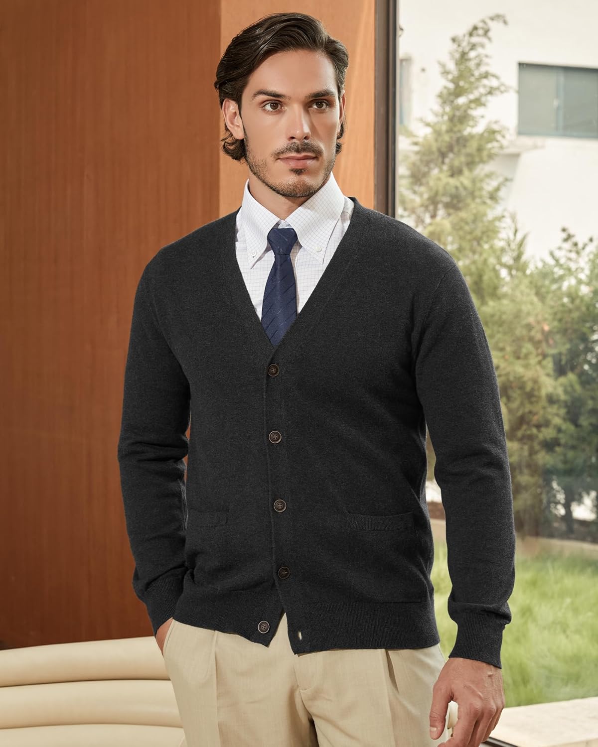 Kallspin Men’s Pure Cotton Cardigan Sweater V-Neck Button Down Cardigan Lightweight Knitwear with Pockets - Image 7