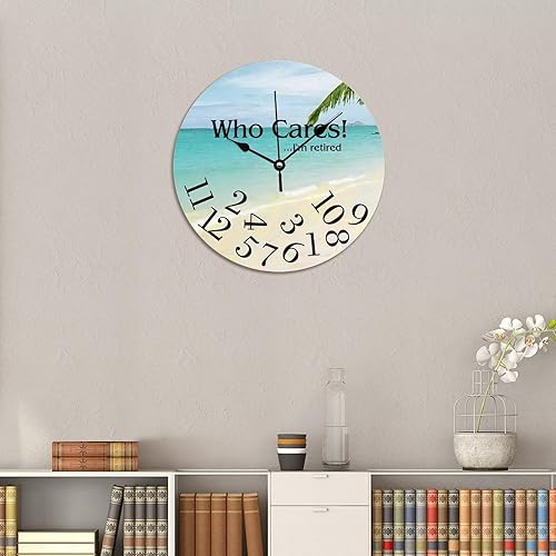 Miniatura 6 de ArogGeld Reloj de madera con texto en inglés "Who Cares I'm Retire", decorativo, de madera, reloj de pared para verano, playa, costero, silencioso,