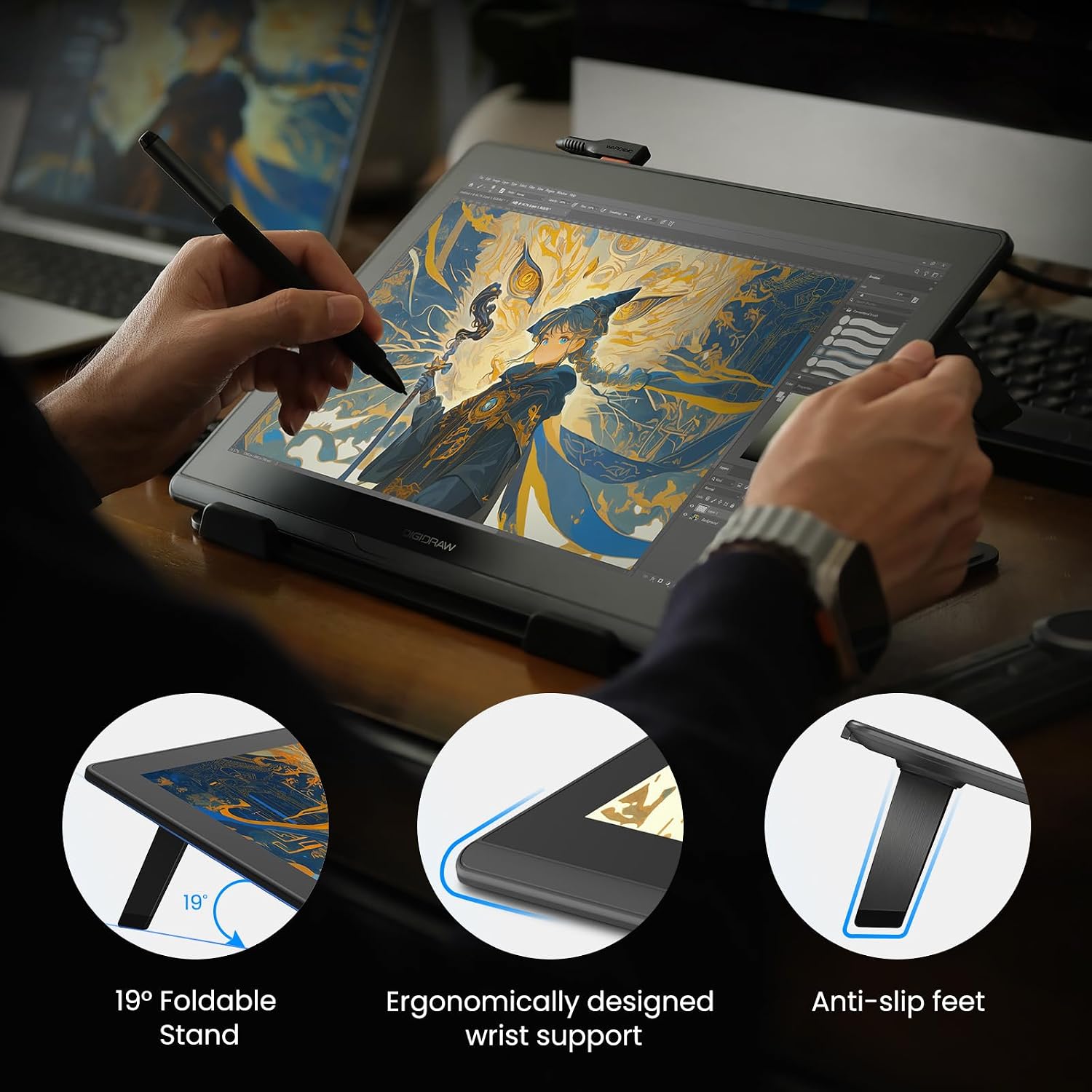 DIGIDRAW Turing 14 with 19-degree foldable stand and ergonomic wrist support
