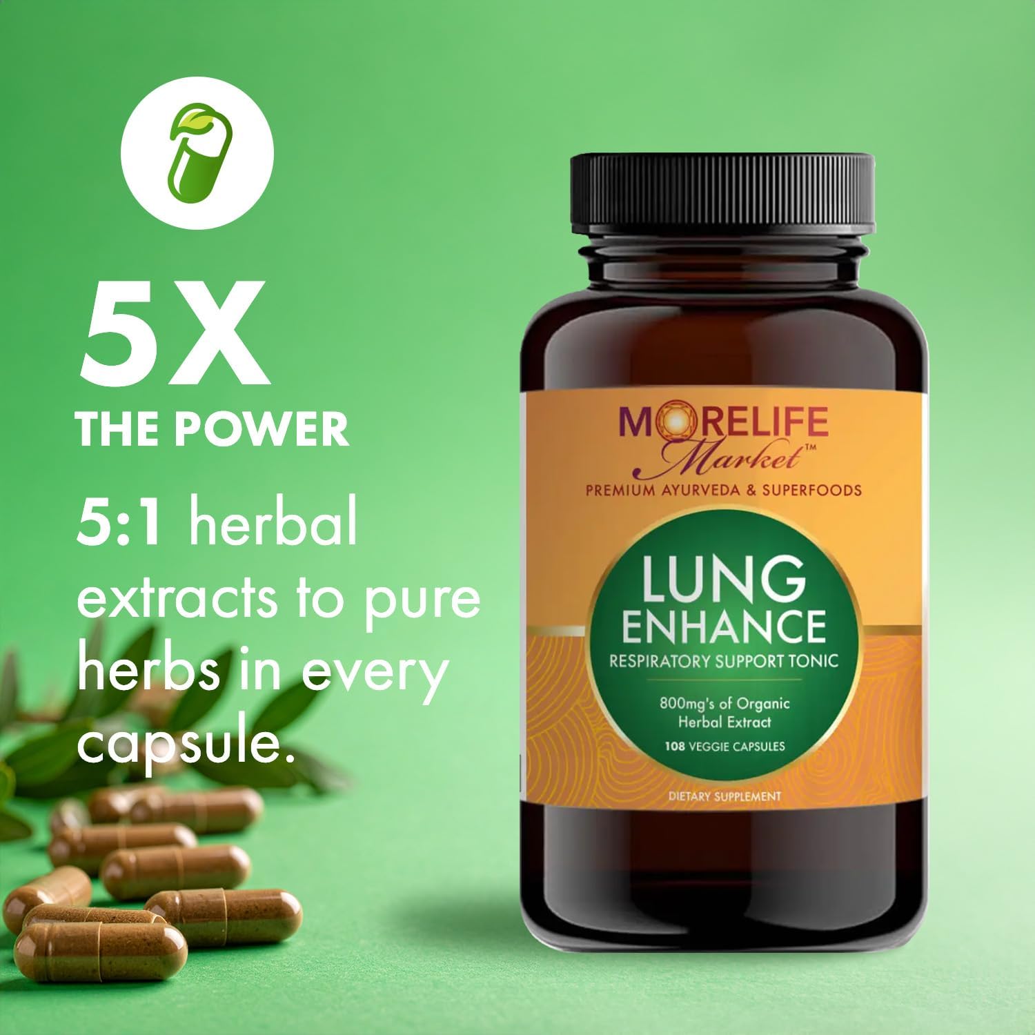 Lung Enhance | Premium Herbal Extract Blend with Arjuna, Tulsi, Amla & Punarnava to Support Lung Clarity, Oxygen Flow & Kapha Balance | Ayurvedic Formula - 108 Veggie Capsules