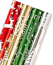 WRAPAHOLIC 30 Inch Christmas Wrapping Paper Roll - Jumbo Roll Red Green Gold and Silver Snowflakes Trees Holiday Collection with Metallic Foil Shine - 4 Rolls - 30 Inch x 120 Inch Per Roll