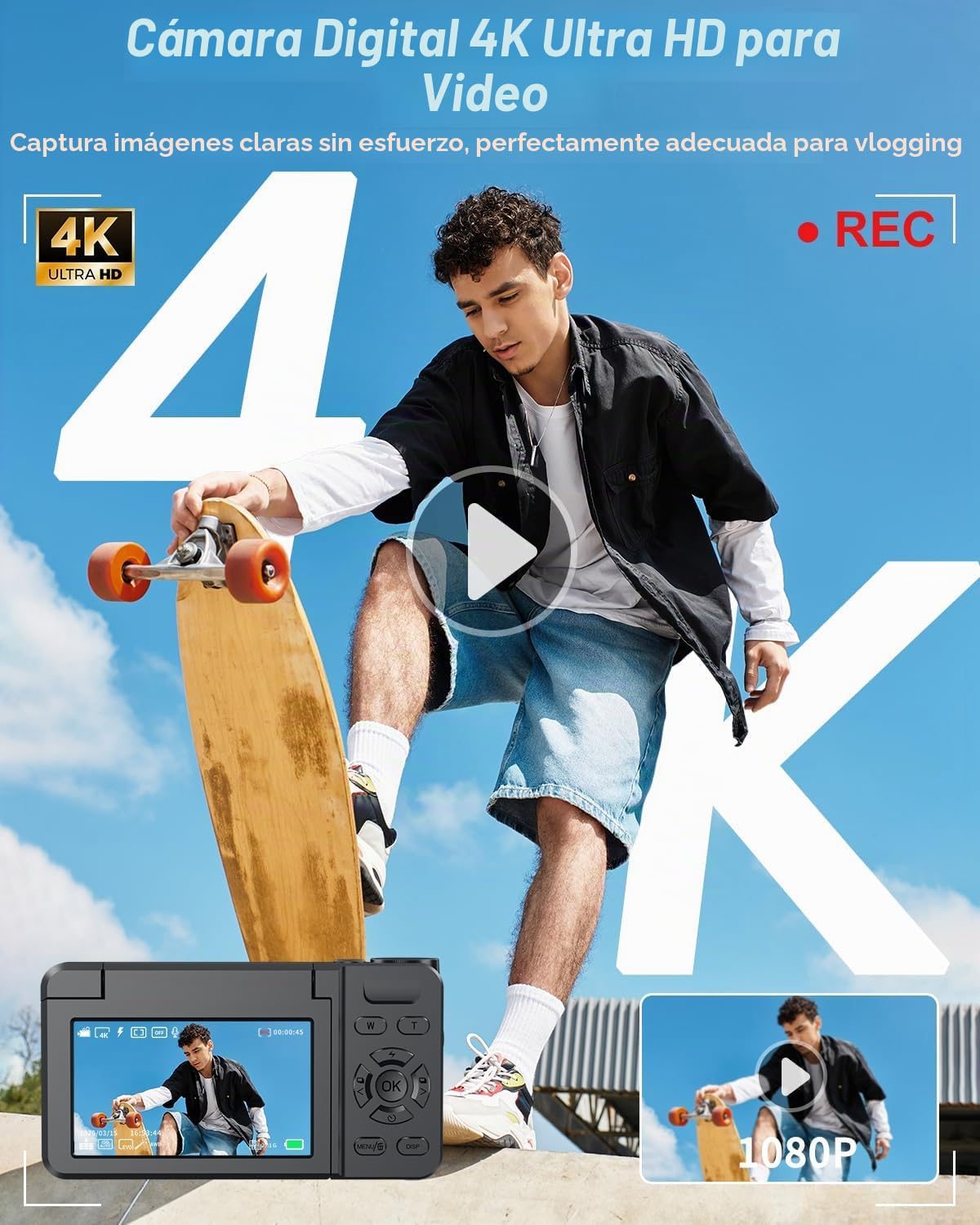 32GB Camara de Fotos 4K 64MP Digital Negro | Pantalla Abatible 180° de 3″, Compacta, Zoom 18X, 2000mAh, Vlogging Estudiantes Adulto Viajes Fotográfica 4