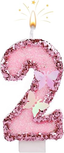 Velas de números de cumpleaños de 2.7 pulgadas, velas de números rosas para decoración de pastel, velas de cumpleaños de mariposa con lentejuelas y