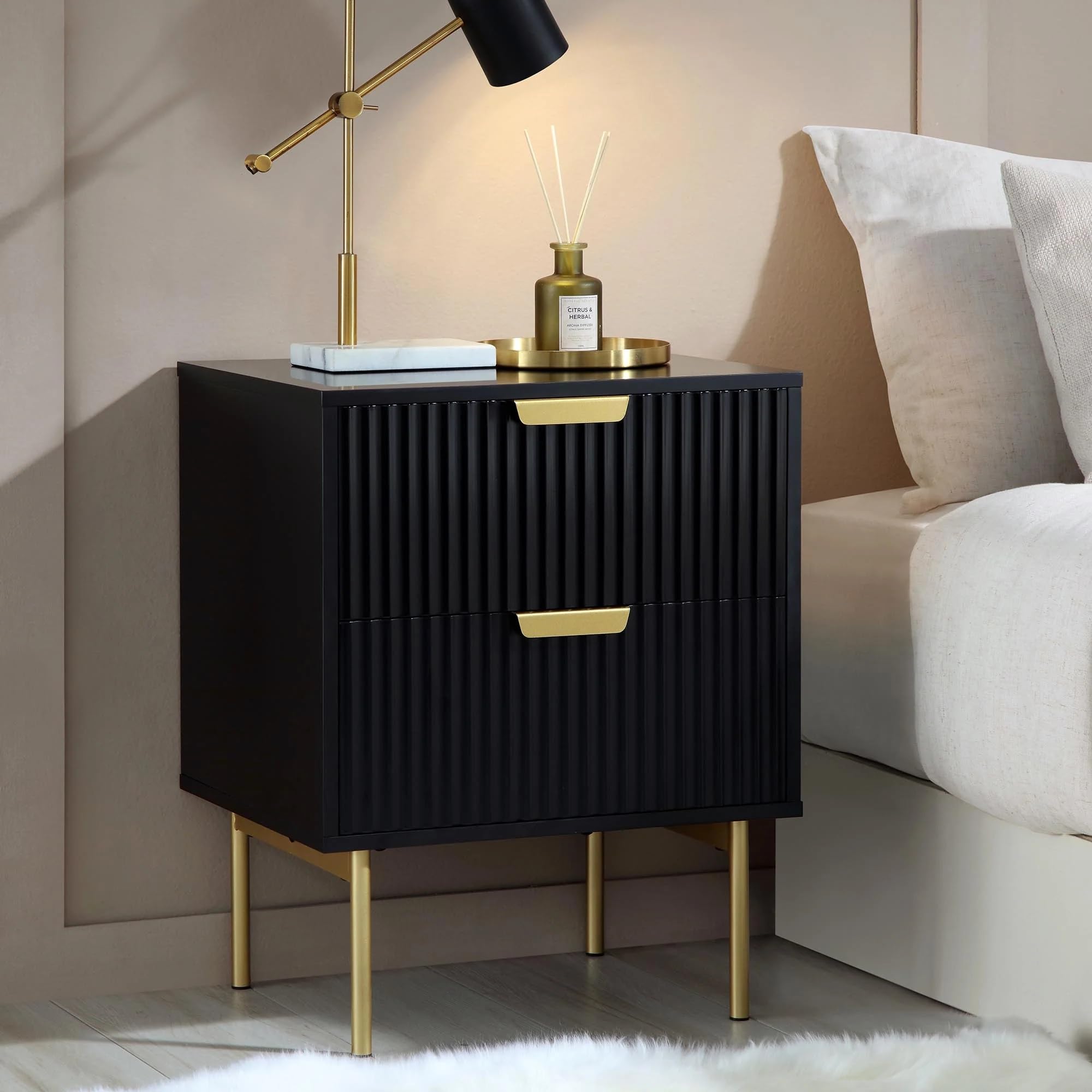 G Fine Furniture Wooden Bedside Table for Bedroom | Bed Side Nightstand End Table with 2 Drawers Storage | Engineered Wood & Iron Legs(Black & Golden)-image-42
