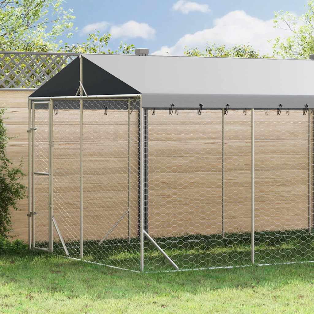Perrera para perros al aire libre con techo plateado de acero galvanizado 3 x 7,5 x 2,5 m con puerta con cerradura para perros, cachorros y animales pequeños, protección de seguridad en el
