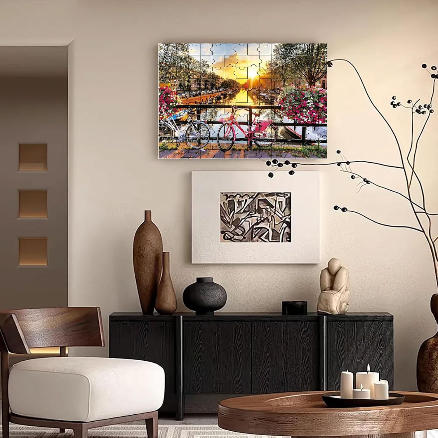 Puzzles for Adults Jigsaw 500 Piece Amsterdam Spring Quiet River Sunrise Flower with Bicycles for Fun Games Puzzle 20" x 14.5”
