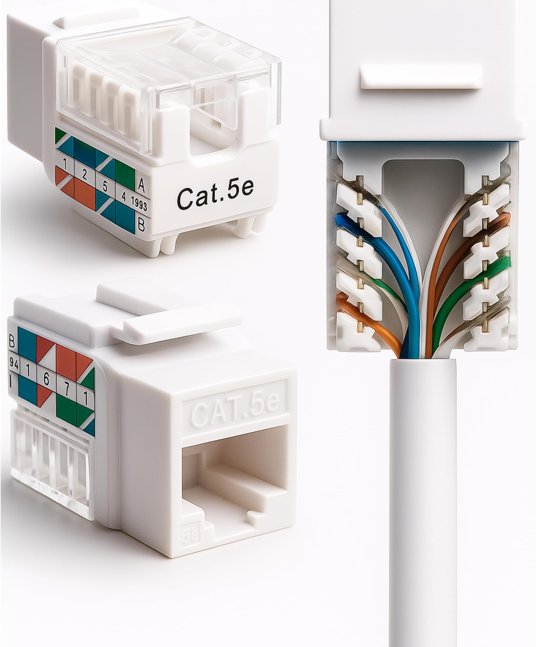 Keystone Jack Cat5e Ethernet Wall Jack 45-Degree UTP Punch Down RJ45 Slim Profile Speed Termination White – Pack of 5/10/20/30/50 - Easier Termination Than 90-Degree (20)
