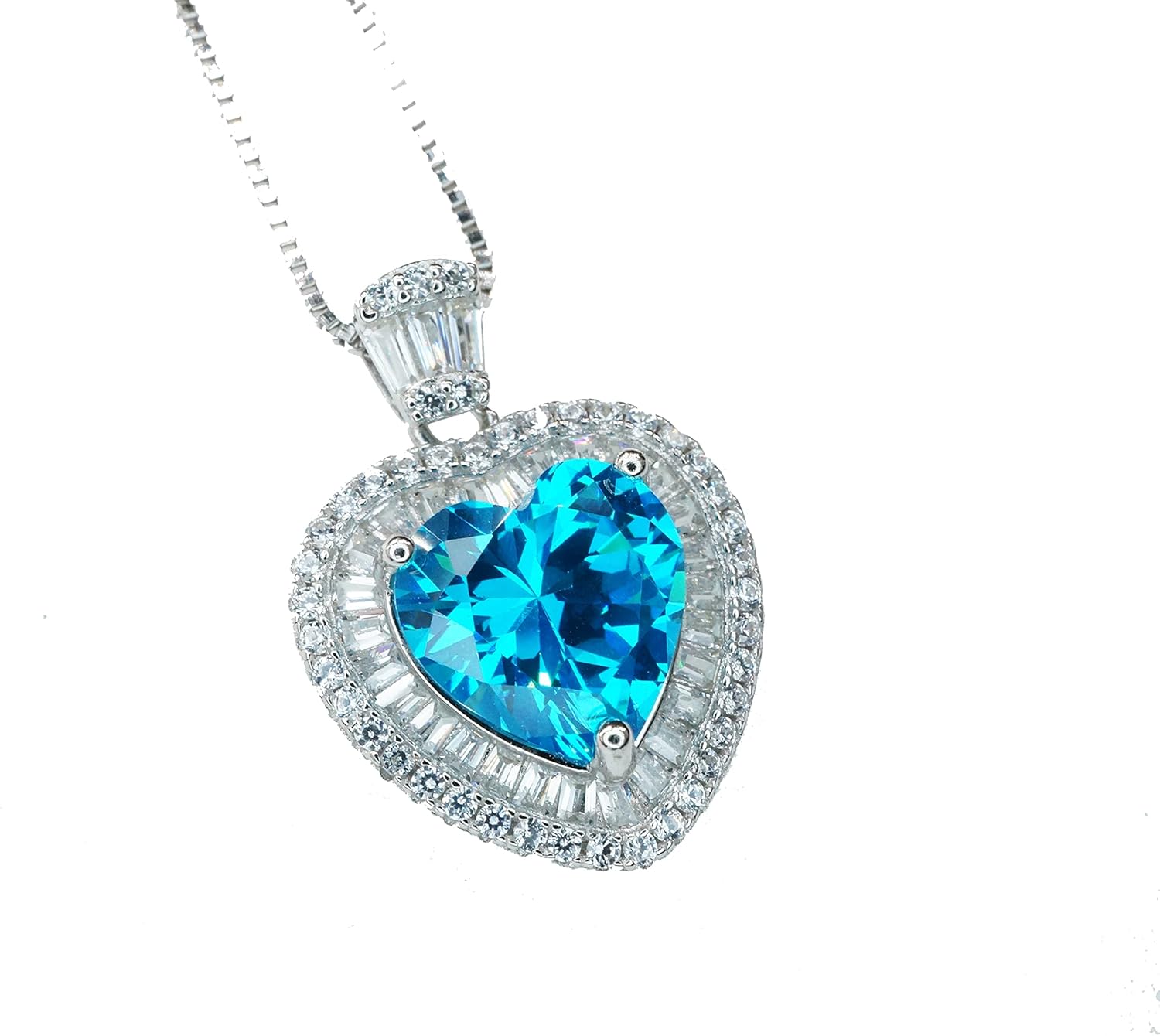 Blue Topaz Necklace White Gold 18kgp @ Sterling Silver Heart White Sapphire Pendant 16" ~20" Adjustable Chain