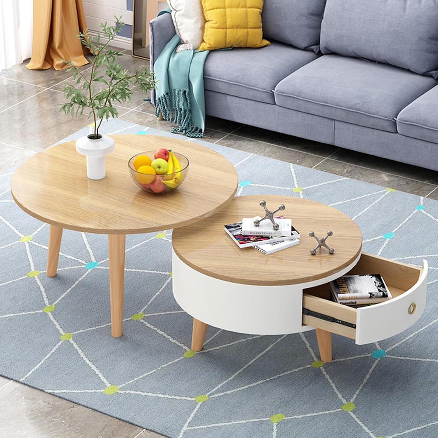 Nesting Table Set of 2, Coffee Tables with 360° Rounded Corners and Open Storage, Internal Storage Center Table Design, for Living Room, Studio(Wood Color)