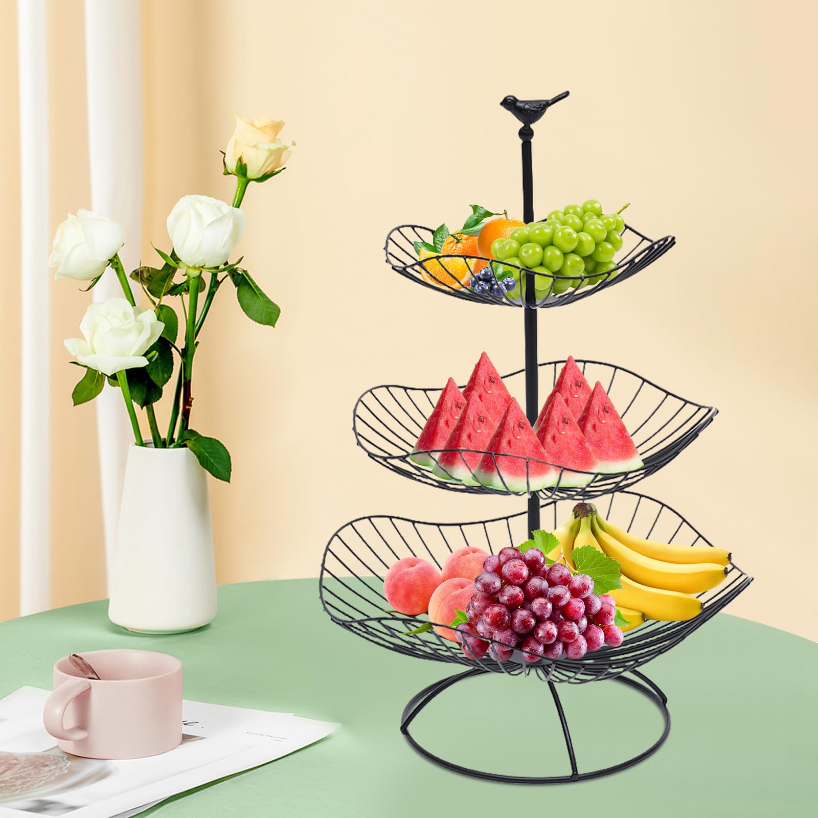 Frutero de 3 pisos, frutero de metal mate, moderno, soporte para frutas, para más espacio en la encimera, cocina, pan, aperitivos, verduras (negro), 20 x 25 x 31 cm
