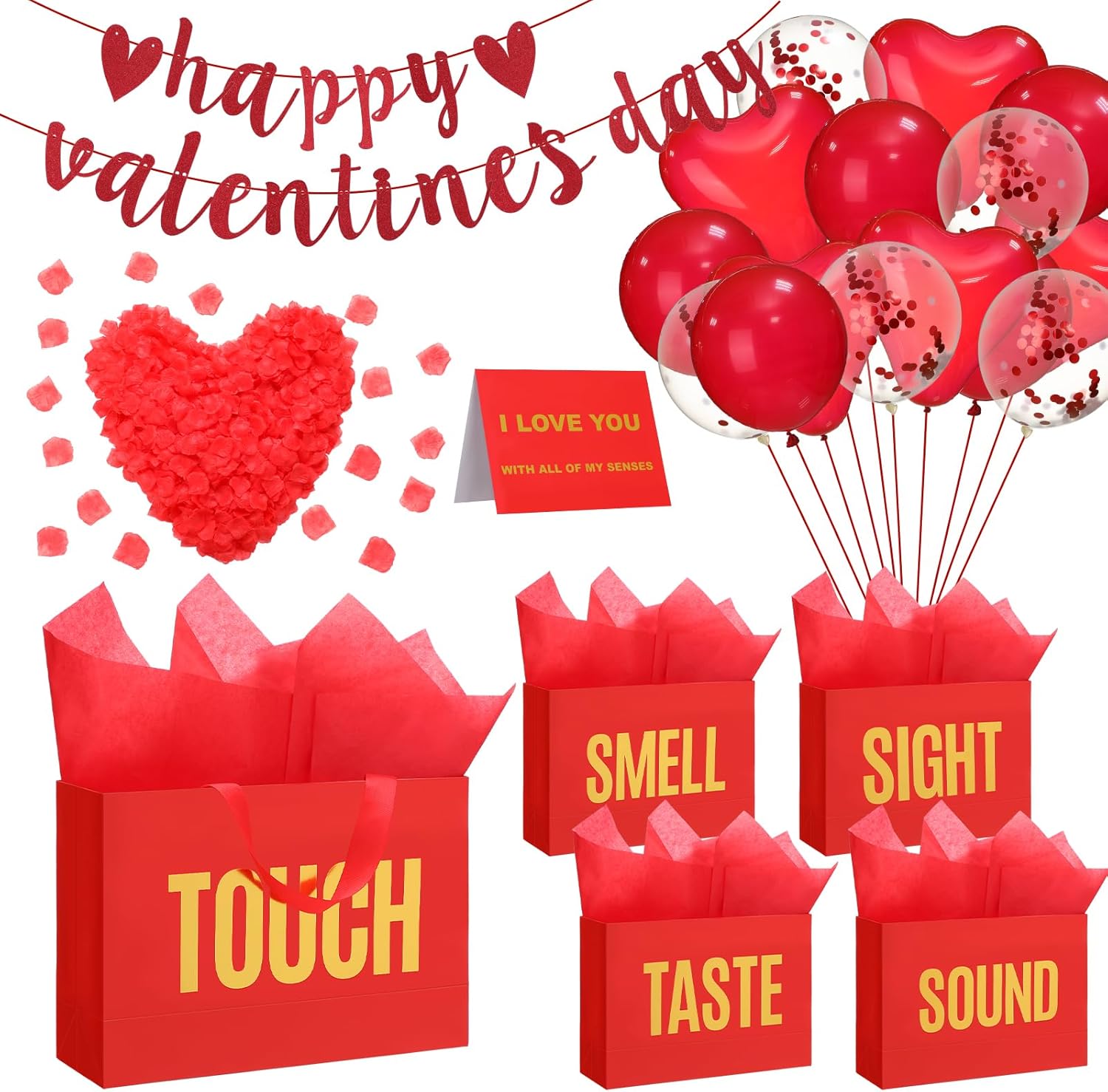 Soulchen 47 Pcs 5 Senses Gift Bags with Tissue Red Valentine Party Decorations Set Sight Smell Touch Taste Sound Bags 30 Pcs 12 Inch Balloon with Ribbon 10 Rose Petals 1 Valentine Banner 1 Senses Card