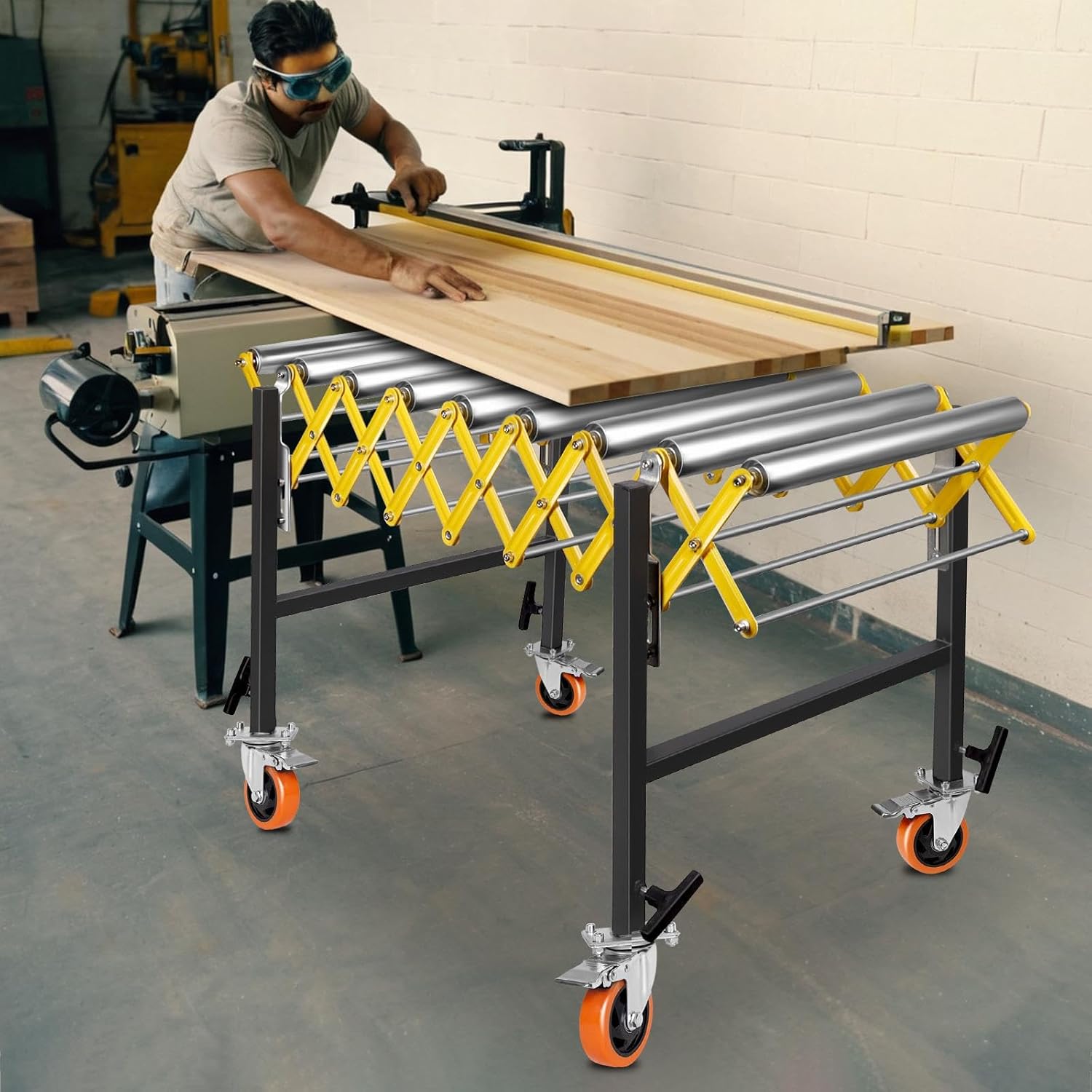 Roller Conveyor, 30"-50" Height Adjustable, 660lbs Heavy Duty Folding Roller Stand with Locking Swivel Castor, 22'' Wide Conveyor Belt for Infeed, Outfeed Table and Planer (Yellow 38MM)
