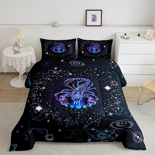 Miniatura 2 de Erosebridal Juego de ropa de cama Queen Trippy Cosmos de Escorpio, juego de ropa de cama de nebulosa azul neón y colección de edredón de plumón de