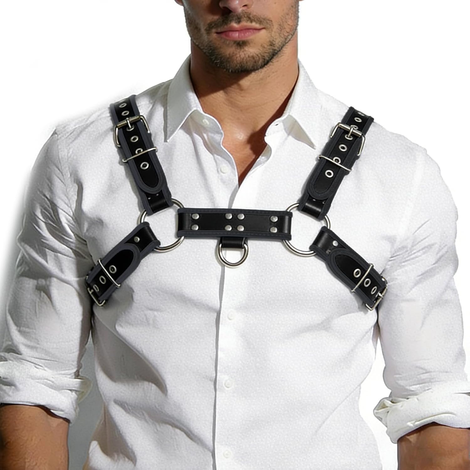 Men's PU Leather Body Chest Harness, Adjustable Contrast Wrapped Edge Straps, for Music Festivals, Rave Costumes