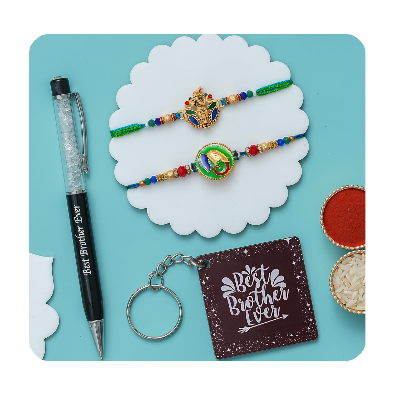 TONKWALAS Rakhi for Brother With 2 Designer rakhi, 1 Best Bro ever Pen, 1 Keychain, Greeting Card and Roli Chawal Pack | Rakhi Gift for Brother (AZ-PK-1)