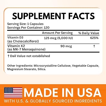 VITBOOST Vitamin D3 K2 Complex - 5000 IU (125 mcg) D3 & K2 (MK-7) 90 mcg | Easy to Swallow Vitamin D | Non-GMO | Gluten-Free | USA Made, 3rd Party Tested, 120 Capsules