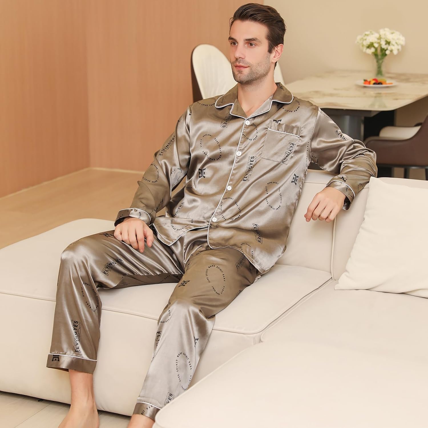 Mens Satin Pajama Sets color Pattern Long Sleeve Top and Long pants Silky Button Sleepwear