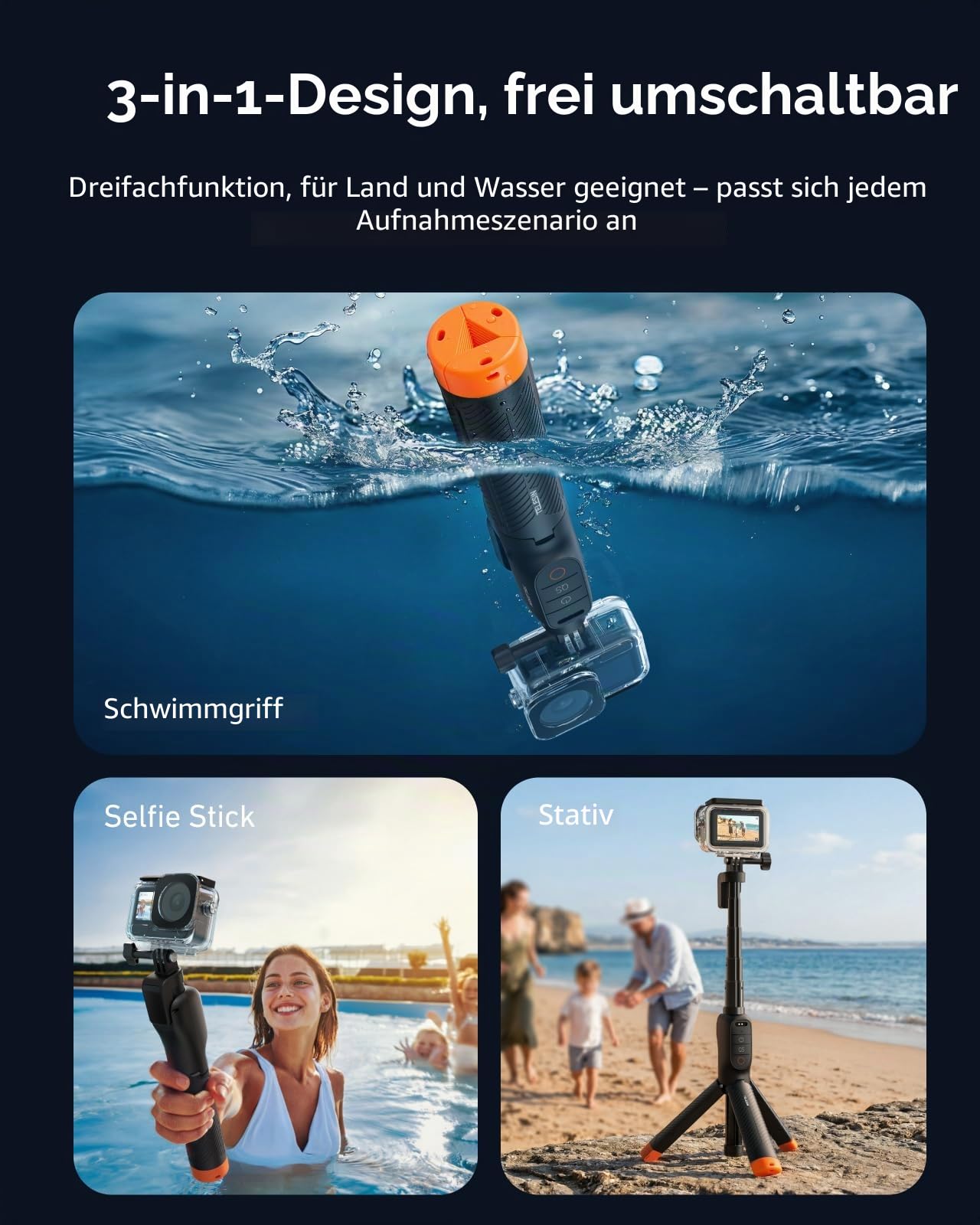 TELESIN Bluetooth-Schwimm-Selfie-Stick mit Stativ für DJI Osmo Action 6 5 Pro 4 – Wasserdichter, ausziehbarer 3-in-1-Stick (Handgriff & Stativ) mit Signalverstärker – Bis zu 15 m unter Wasser