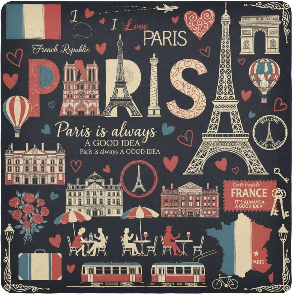 JIPONI French Paris Theme Makeup Bag, Self-Adhesive Magic Wrap Cloth, Portable Cosmetic Organizer, Camera Lens Protector, Travel Storage for Women Essentials, 13.8"x13.8"