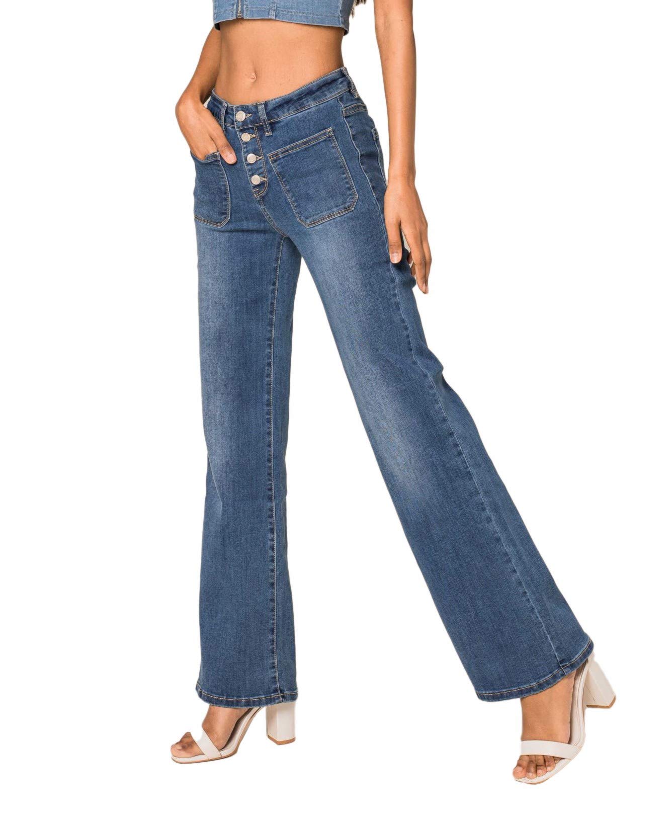 Nina Carter P139 - Jeans da donna a vita alta con taglio svasato, effetto usato