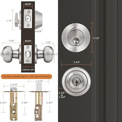 Miniatura 4 de Probrico Paquete de 5 pomos para puerta de entrada con cerrojo de un solo cilindro, juego de manijas de puerta con igual llave para entrada y puerta