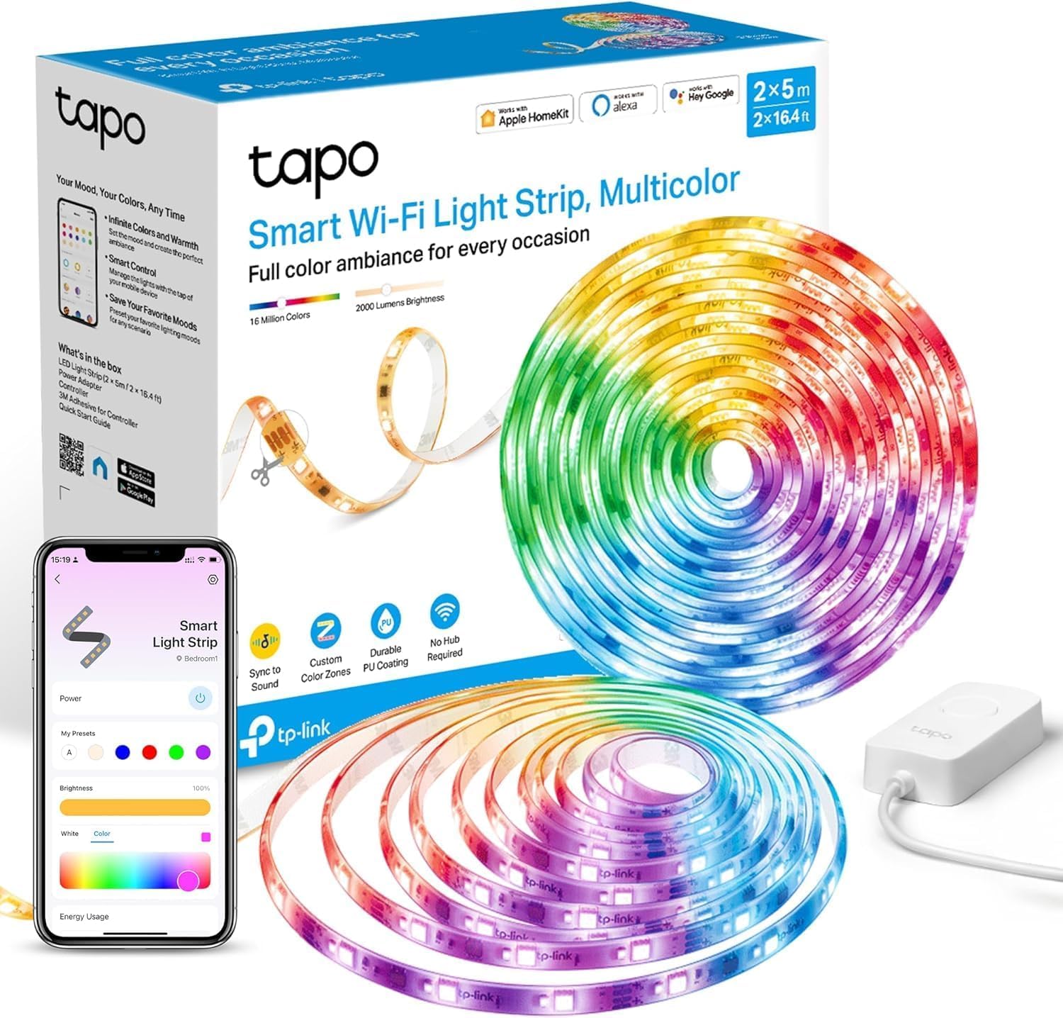 Tapo L930-10 -Tiras LED Adhesivas Wi-Fi, 2x5M, RGBW Multicolor 1000 lúmenes
