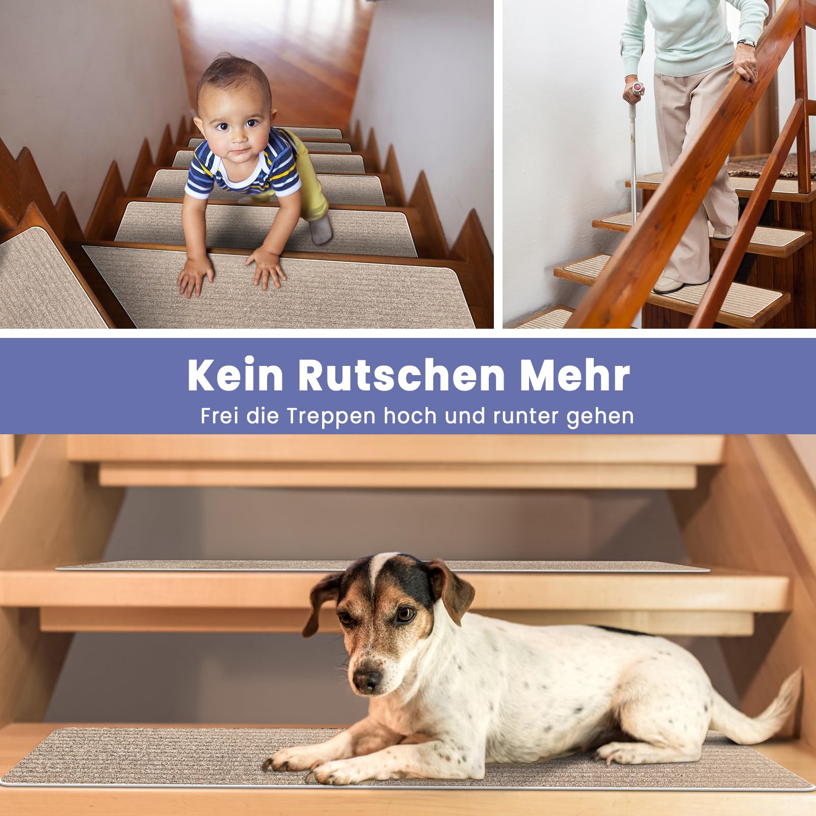 Treppenstufen Matten, Stufenmatten Selbstklebend Innen 15 Stück, Treppenstufen Antirutsch Zuschneidbar Wiederverwendbar für Schützen Sie Haustiere, Senioren Kinder (Beige, 76cm x 20cm)