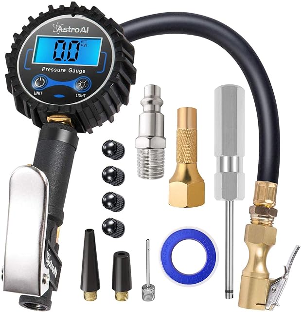 AstroAI Digital Tyre Inflator with Pressure Gauge, 0.1 Display Resolution 250 PSI Air Chuck and Compressor Accessories Heavy Duty with Rubber Hose and Quick Connect Coupler (250 PSI)