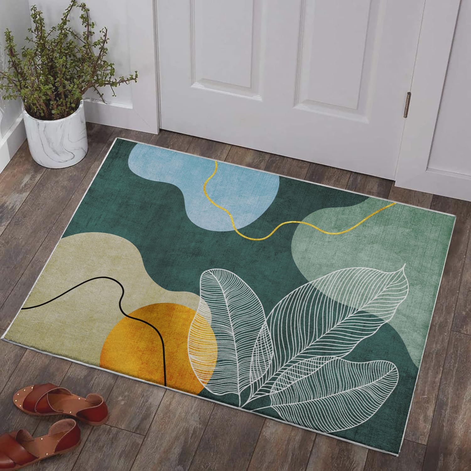 Green Boho Area Rug 3x5 Mid Century Modern Carpet Washable Door Mat Low Pile Indoor Outdoor Floor Rugs Tropical Leaves Soft Non Slip Rug for Entryway Bathroom Bedroom Beside Kitchen Home Decor 3'x5'