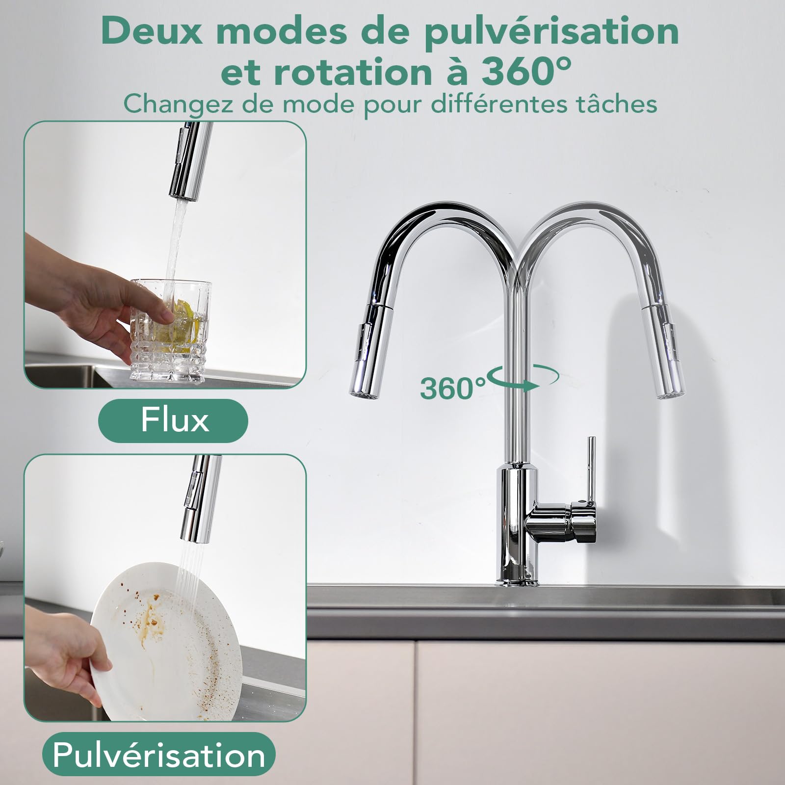 Mitigeur Cuisine Avec Douchette Extractible, Robinet D'évier Pivotant 360°, Acier Inoxydable Chrome