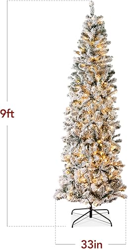 Miniatura 25 de Best Choice Products Árbol de Navidad flocado de lápiz, preiluminado delgado de 12 pies, decoración navideña artificial 2 en 1, luces blancas
