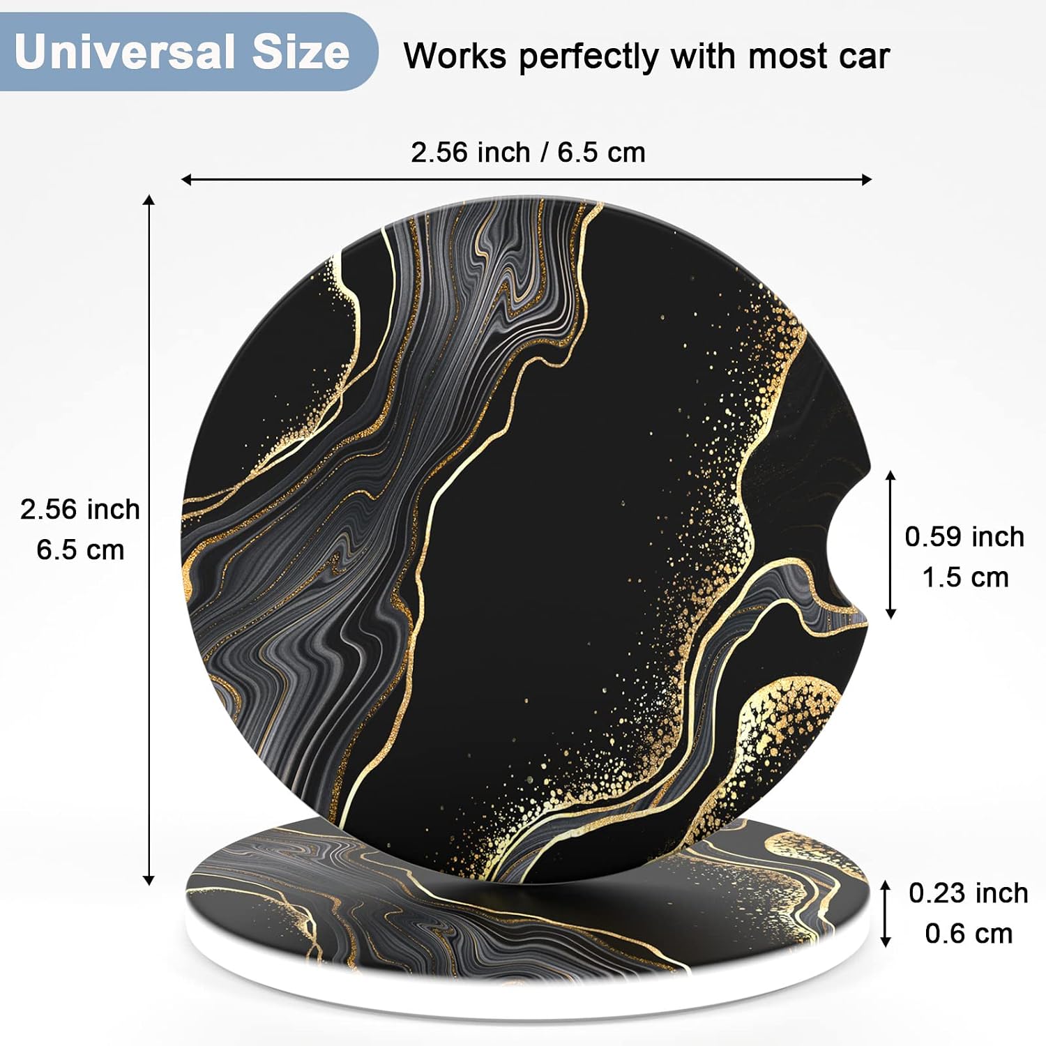 Nipichsha Car Coasters for Cup Holders, 2 Pack Absorbent Ceramic Car Cup Holder Coaster for Drinks, Cute Car Assecories for Women Men, Size 2.56" with Finger Notch & Cork Base, Luxury Black Marble