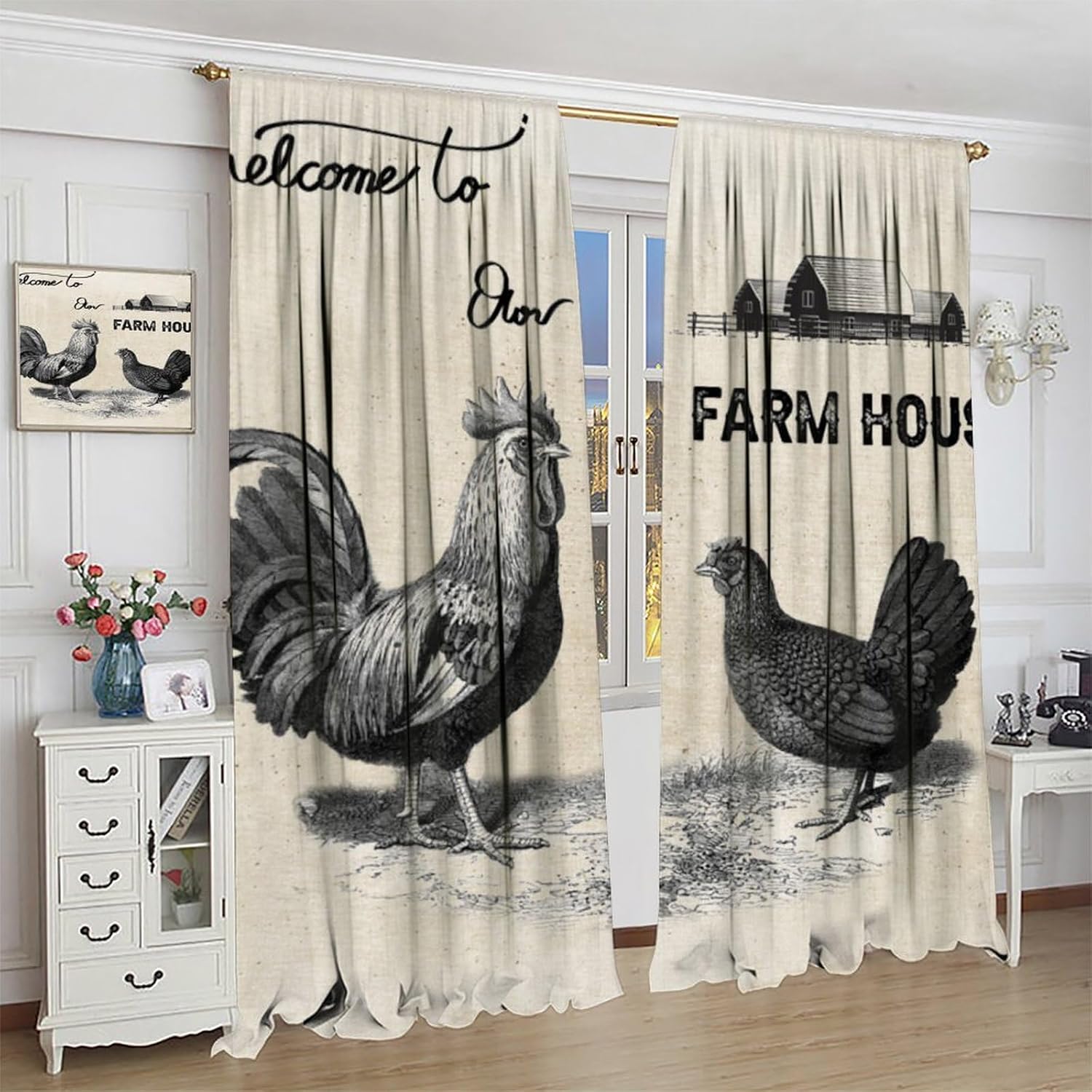 Vintage Chicken Curtains Rustic Farmhouse Animal Rooster Window Treatments for Kitchen Bedroom Living Room Western Country Style Home Décor Drapes 2 Panel Sets Total Size 84" x 84"