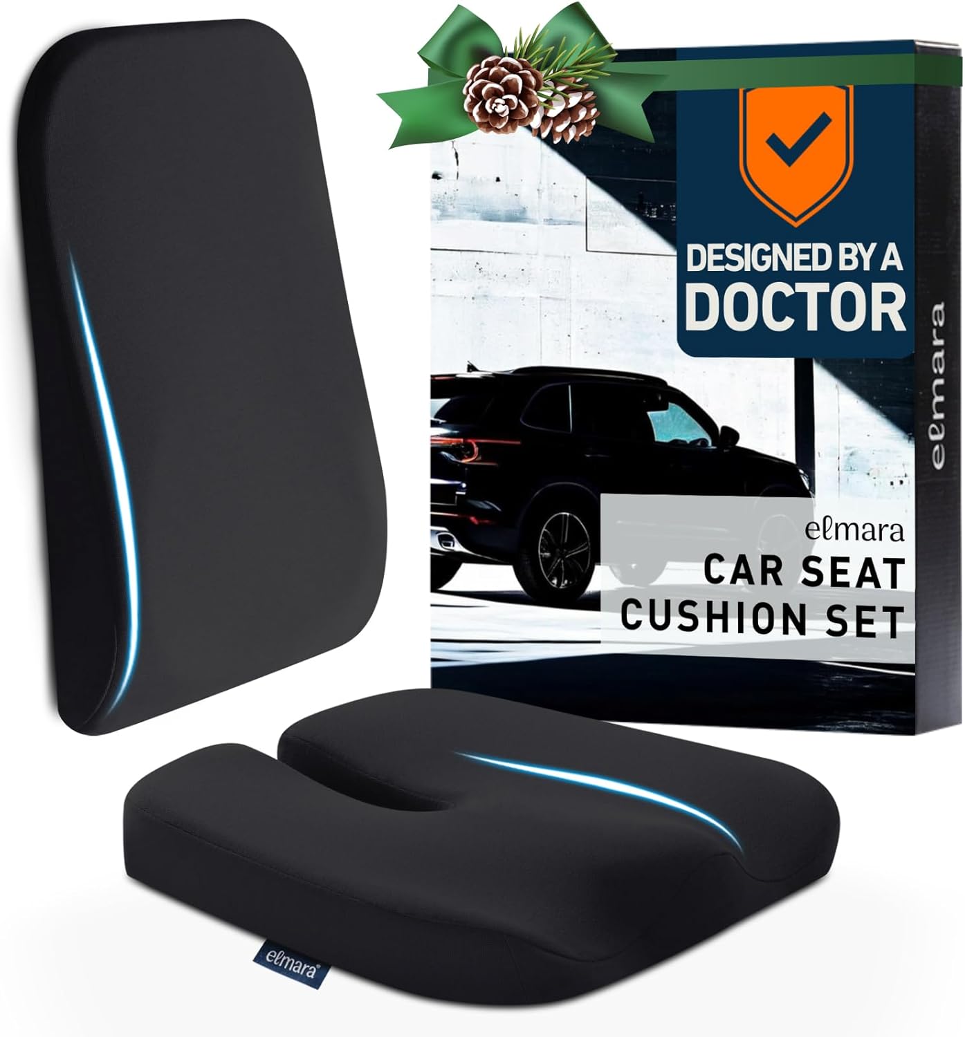 Elmara Car Seat Cushion & Back Support 2 Piece Set  Doctor Designed Car Cushions for Back Pain are The Ultimate Comfort Solution for Drivers  Both Seat & Lumbar Cushions for Total Support (Black)