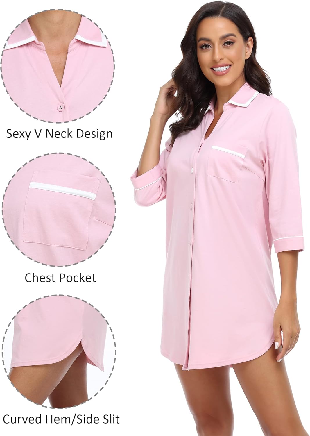 COLORFULLEAF 100% Cotton Nightgowns for Women 3/4 Sleeve Sleep Shirt Button Down Soft Sleepwear Night Dress S-XXL - Image 5