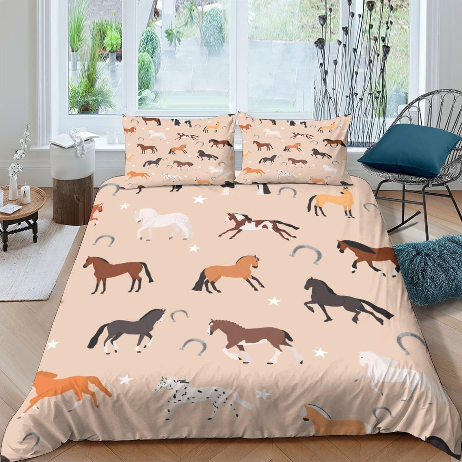 GPLZQXKJNH 3D Printed Horse Pattern Duvet Cover Microfiber Soft Breathable Wild Mustang Bedding Set with 2 Pillowcases for Bedroom Decor Single（135x200cm）