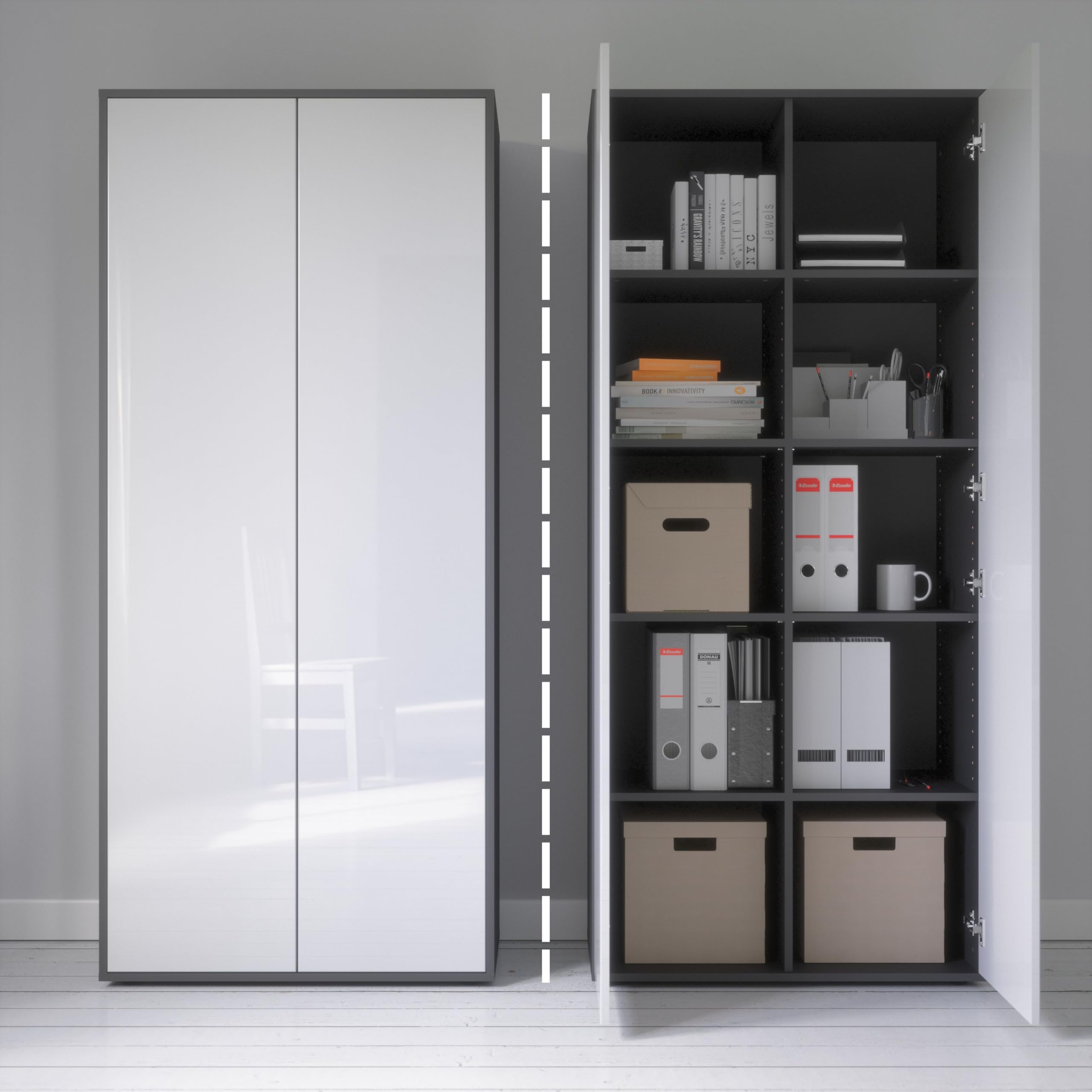 Büroschrank Amira T00, Anthrazit/Weiß Hochglanz, 180x80x40 cm | Geschlossener Schrank mit 2 großen Türen, Push-to-Open, Aktenschrank für Büro und Homeoffice