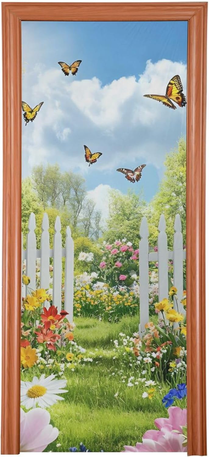 Colorful Spring Flower Garden Door Cover Outdoor Decor, High Stretch Festival Fabric Front Door Cover Banner Door Cover for Front Door Festival Party Home Decor 35 * 79inch