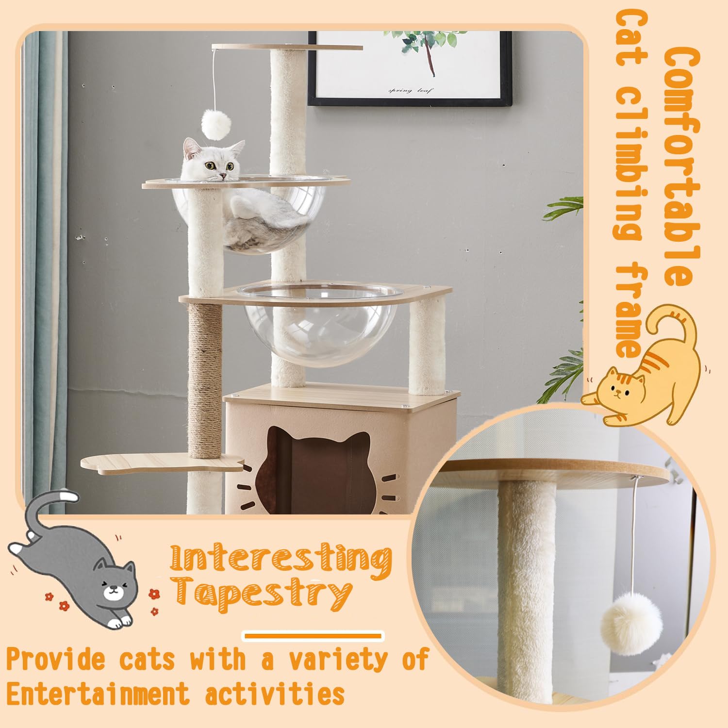 Mekidulu Albero per gatti da interno, 145 cm, condominio multilivello con 2 ciotole, 1 casa, 2 posatoi, 1 scala, 1 pompon, peso 15 kg, albero per gatti in legno (beige N3)