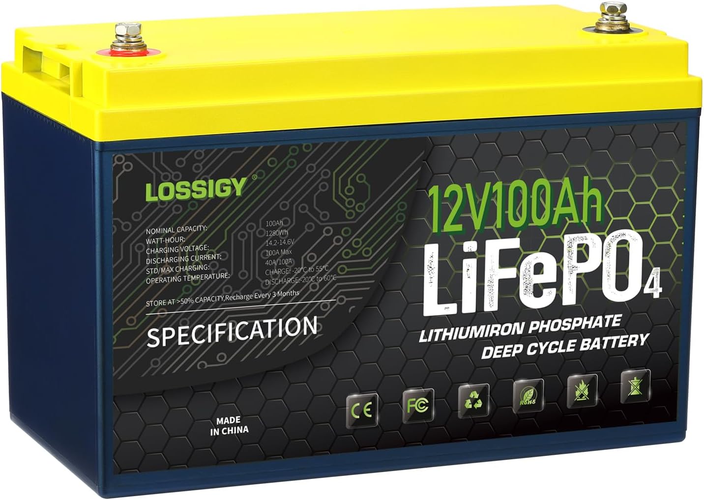 LOSSIGY 12V LiFePO4 Lithium Battery, 12 Volt 100AH Trolling Motor, Perfect for Solar System, RV, Marine, 1280Wh Built in BMS