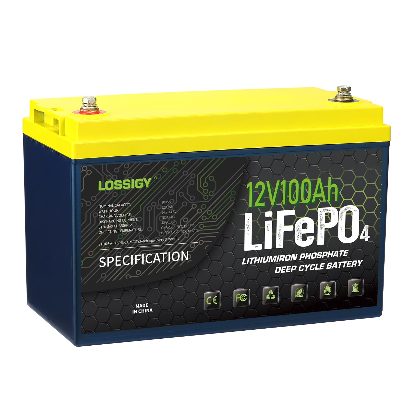 LOSSIGY 12V 100AH LiFePO4 Lithium Battery, Low Temp Protection with 100A BMS, 10 Yrs Lifespan, 400A Peak Current, Perfect for Golf Cart, Trolling Motor, Solar System, RV, Marine
