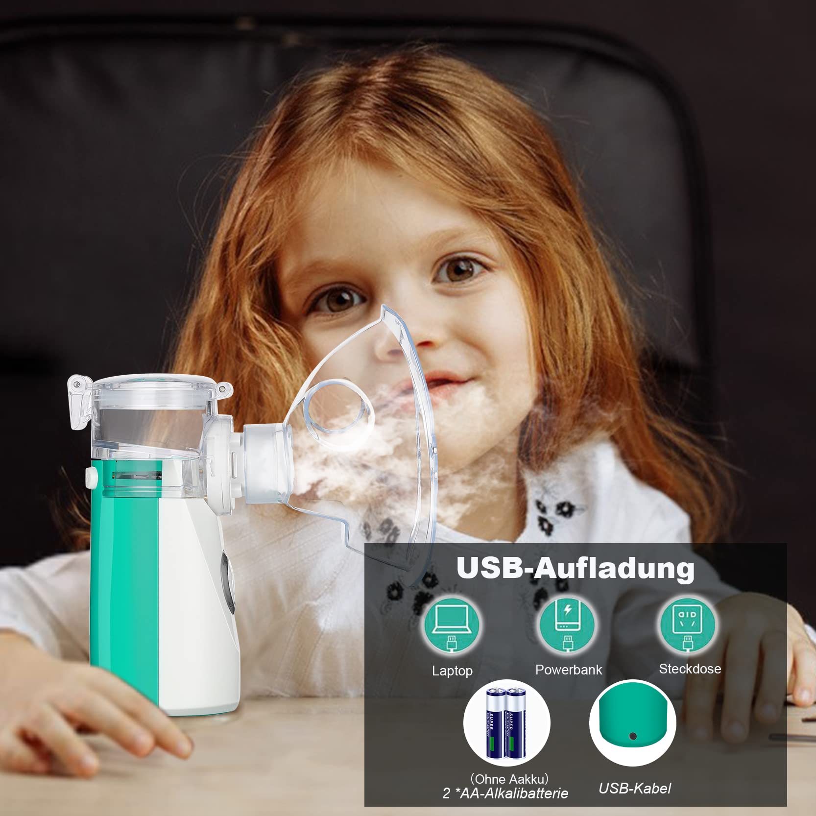 Aerosol Portatile per Bambini e Adulti Aerosol Ultrasuoni Aerosol Silenzioso Inalatore Aerosol con Maschere e Ugello, Nessuna batteria, Basso Rumore (Verde)