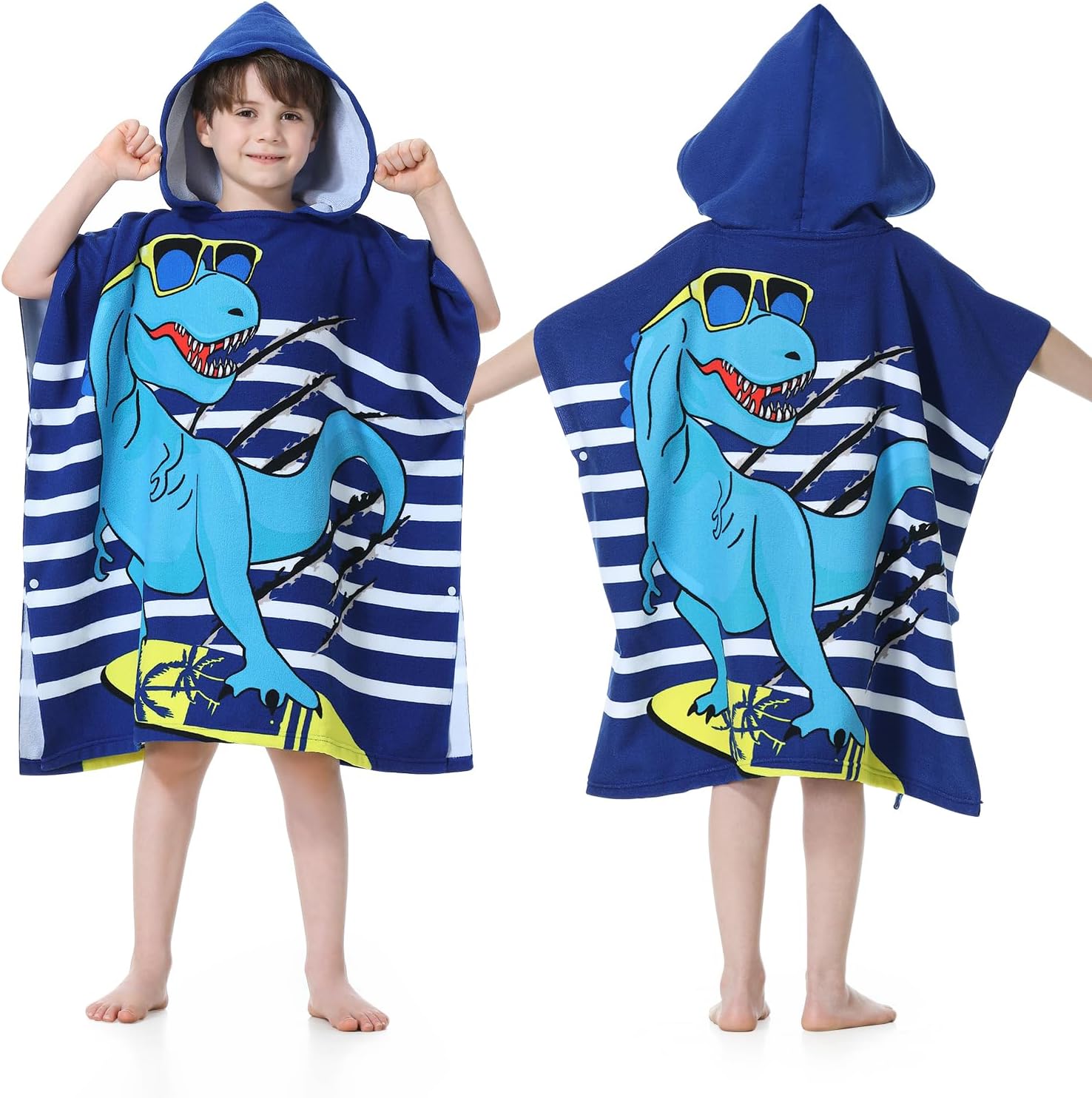 MOKANI Kids Hooded Beach Towels for 6-14 Years Girls & Boys Pool Bath Towel Poncho Bathrobe with Drawstring Bag - Blue Dinosaur