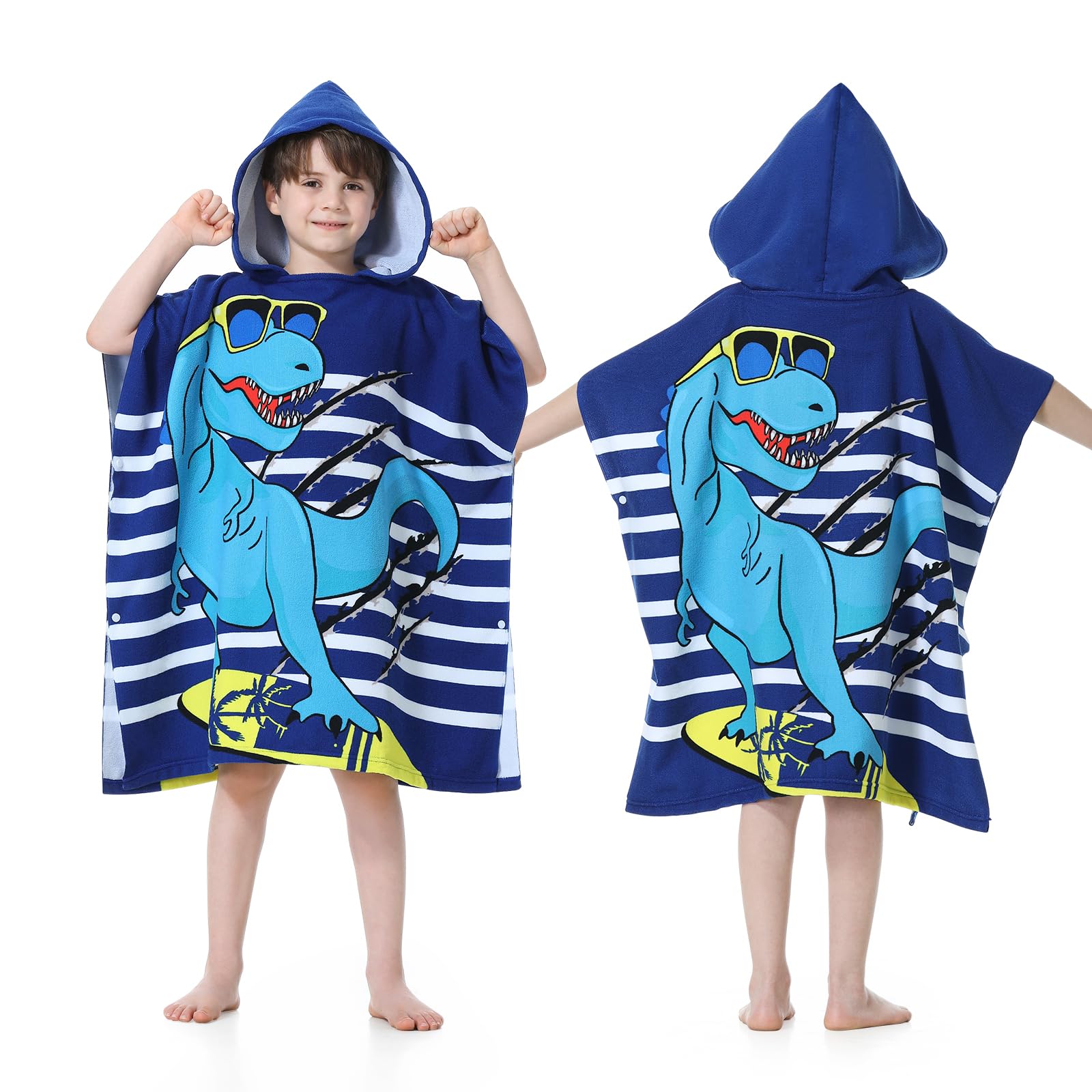 MOKANI Kids Hooded Beach Towels for 6-14 Years Girls & Boys Pool Bath Towel Poncho Bathrobe with Drawstring Bag - Blue Dinosaur