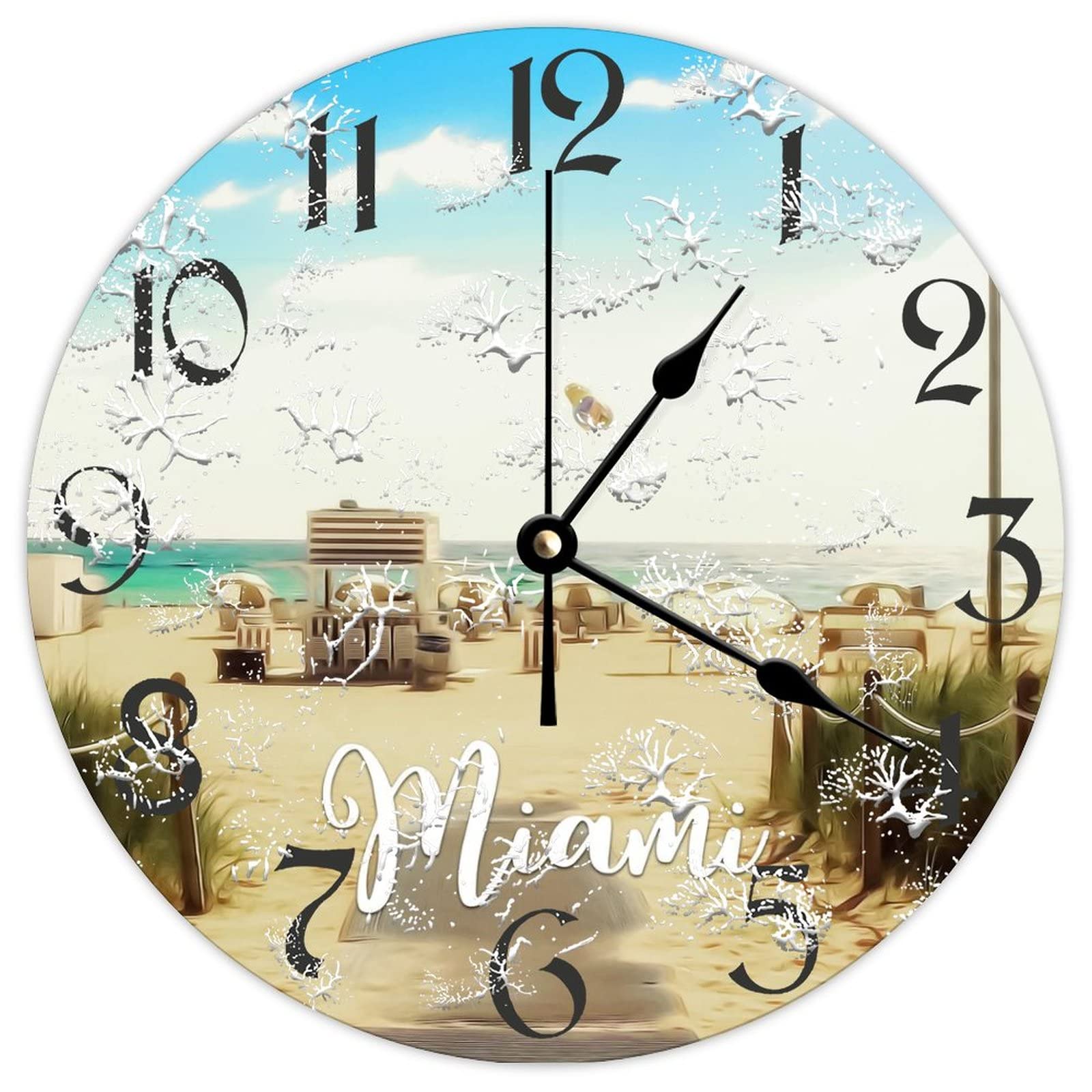 Horloge rétro silencieuse Miami en bois ronde pour cuisine